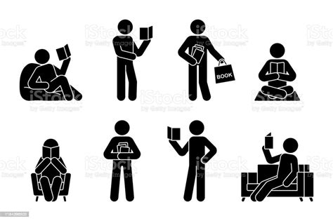 Stick Figure Man Reading Book Different Poses Vector Icon Pictogram