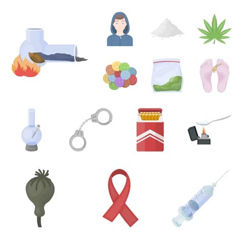 Drug Addiction And Attributes Cartoonoutline Icons In Set Collection
