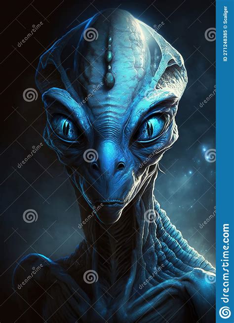 Scary Blue Alien Portrait Of Sentient Being From Deep Space Illustration Generative AI Stock
