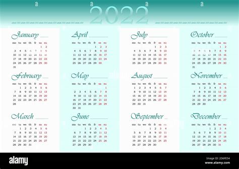Calendario De 2022 Años En Inglés 12 Meses La Semana Comienza El