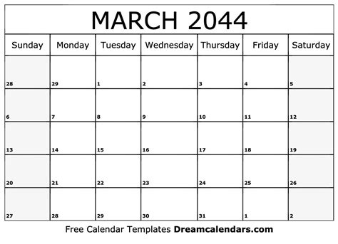 March 2044 Calendar Free Blank Printable With Holidays
