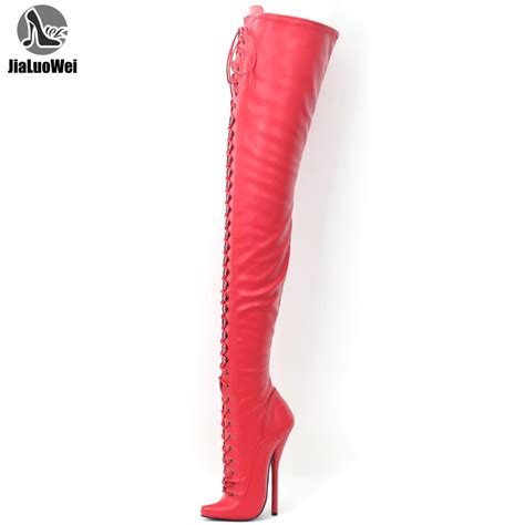 Jialuowei 7inch Stiletto High Heel Pointed Toe Fetish Ballet Lace Up Thigh High Boots