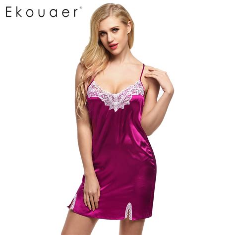 Ekouaer Hot Sale Women Nightgown Spaghetti Strap Sexy Satin Lace Splicing Nightwear V Neck