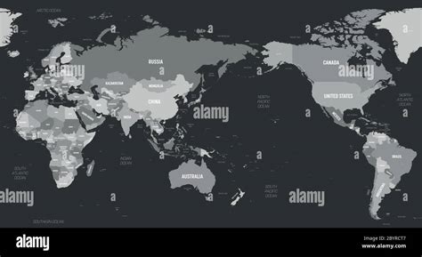 World Map Asia Australia And Pacific Ocean Centered Grey Colored On