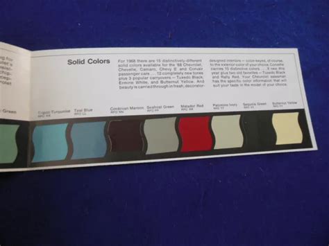 Original 1968 Chevrolet Exterior Color Chart Brochure Camaro Chevy Ii