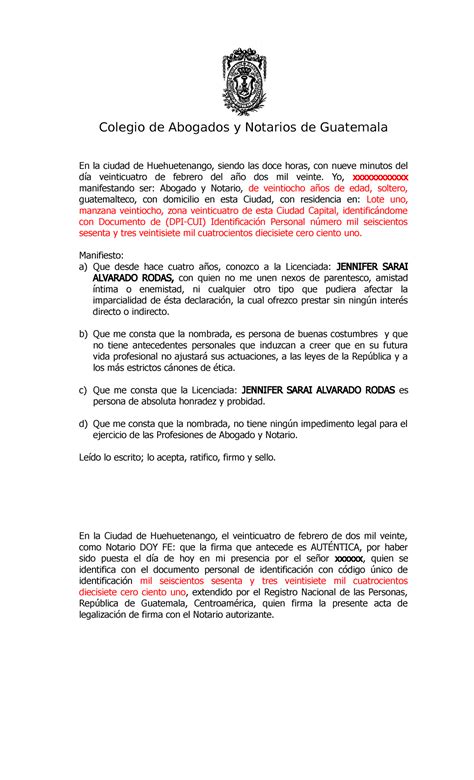 Acta De Declaracion De Testigos Que Requiere El Colegio Colegio De