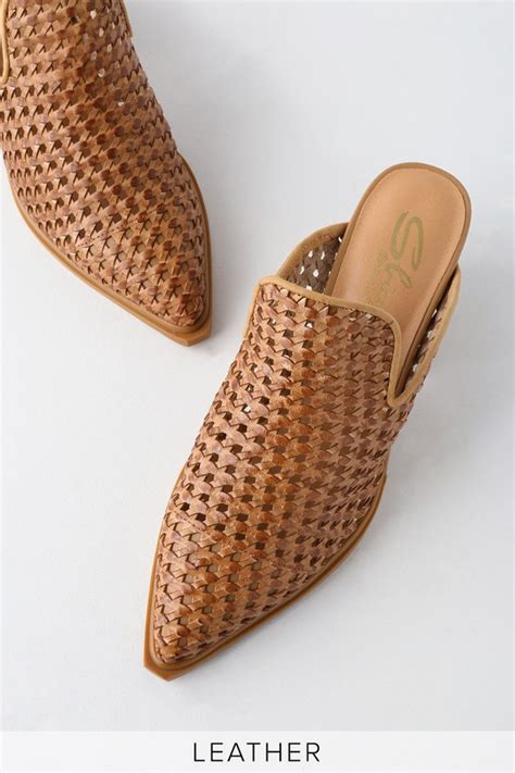 Sbicca Mansion Tan Leather Mules Woven Mules