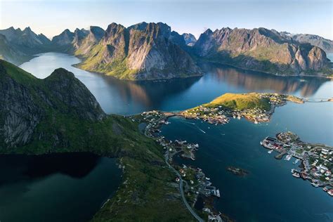 Scenic Landscape Of Lofoten Islands Peaks Lakes And Houses Norway