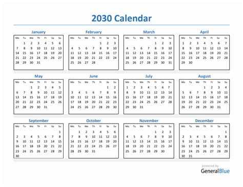 2030 Yearly Calendar Templates With Monday Start