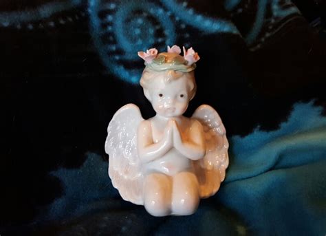 Charming Ceramic Blond Praying Cherub Angel Figurine With Pink Etsy