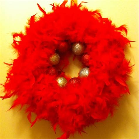 Christmas Wreath Made With Styrofoam Feather Boas And Ornament Balls