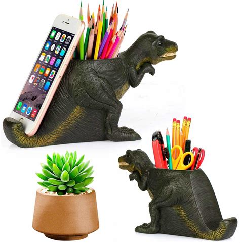 Creative Pen Pencil Holder With Phone Stand Coolbros Resin Dinosaur