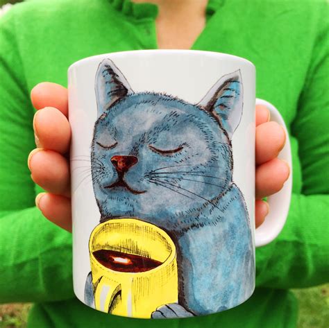 Cat Coffee Mug Cat Drinking Coffee Blue Cat Crazy Cat Lady