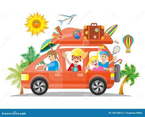 旅行乘红色汽车的愉快的家庭 平的传染媒介 向量例证 插画 包括有 例证 子项 节假日 女儿 母亲 130128012