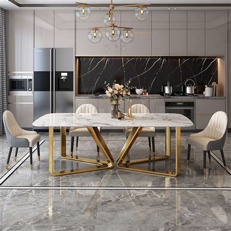 A beautiful home deserves a beautiful dining table where family and friends can get together. Modern Rectangle 63" Faux Marble Dining Table Gold Base Stainless Steel in 2021 | Dining room ...