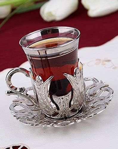 Turkish Tea Set For Glasses With Brass Holders Lids Saucers Tray