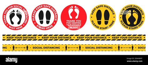 Social Distance Floor Stickers Round Wait Here Warning Signs With Foot