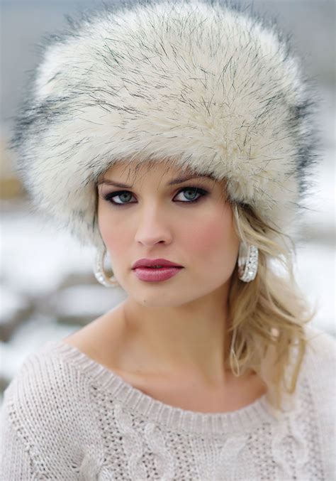 Ice White Faux Fur Hat Russian Style With Cosy Polar Fleece Lining Fur