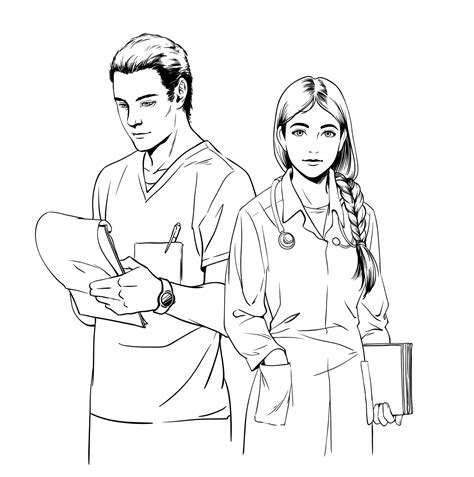 Coloring nurse illustrations & vectors. Sketch illustration of young doctors, man and woman ...
