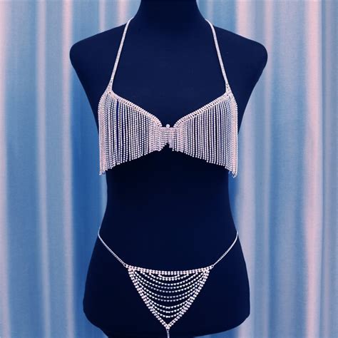 sexy luxury rhinestone bra chain necklace harness lingerie underwear thong set women crystal