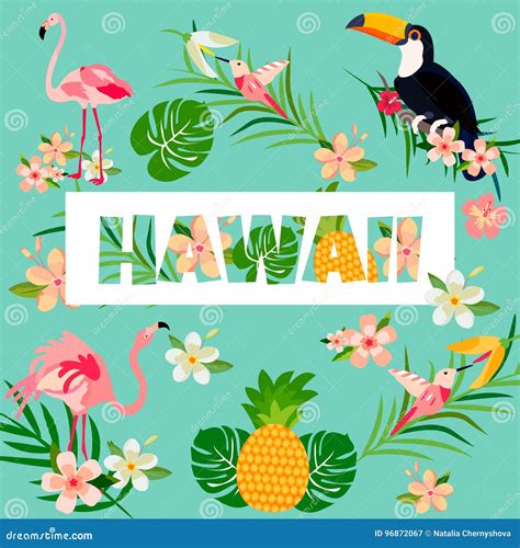 hawaiian bright card with toucan pineapple flamingos foliage and text stock vector