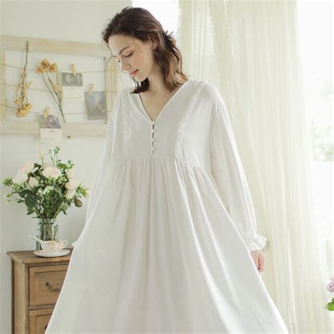 Buy New White Cotton Long Nightgowns For Women V Neck Long Sleeve Nightdress