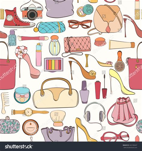 Seamless Women Bag Stuff Pattern Can Stock Vector 442189447 Shutterstock