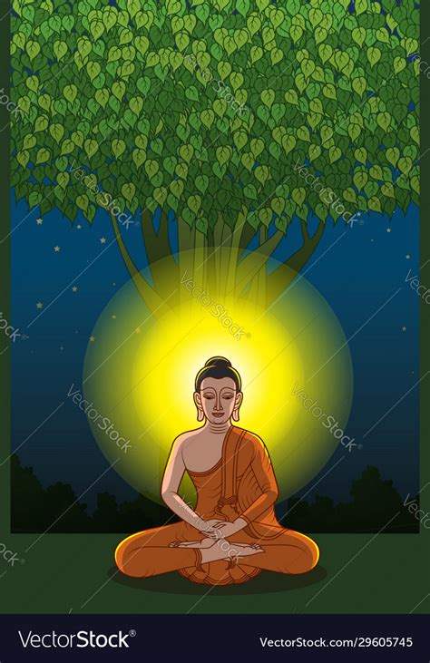 Buddha Sit On Ground Under Bodhi Tree At Midnight Vector Image