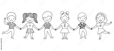 Group Of Happy Kids Standing Together And Holding Hands Friendship