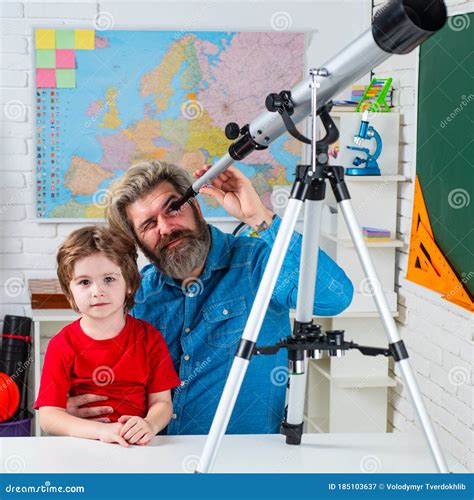 Pupil Watching Stars With A Teacher Astronomy Telescope Happy Cute