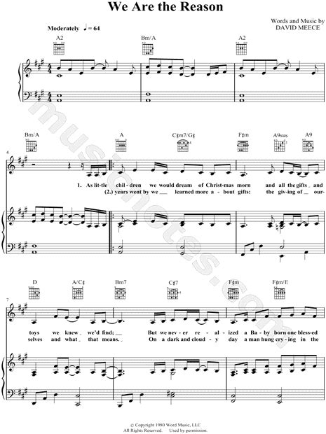 After i hear this song i realized how great our god is, i've realized how much he loves us that he gave his son our lord jesus. David Meece "We Are the Reason" Sheet Music in A Major ...