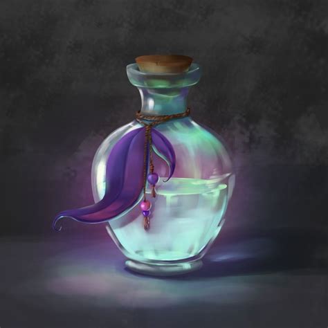 A Glass Bottle With A Purple Ribbon Around It