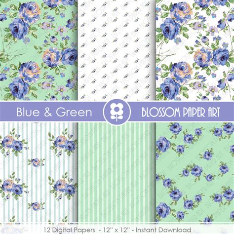 Floral Papers Blue Green Floral Digital Paper Pack Etsy