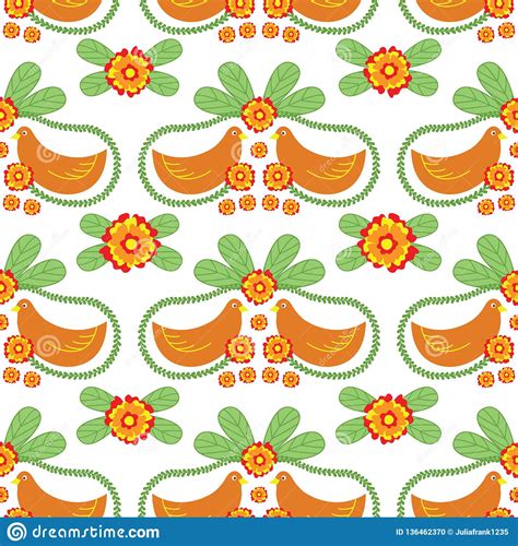 Floral Folk Vector Seamless Pattern With Birds Stock Vector