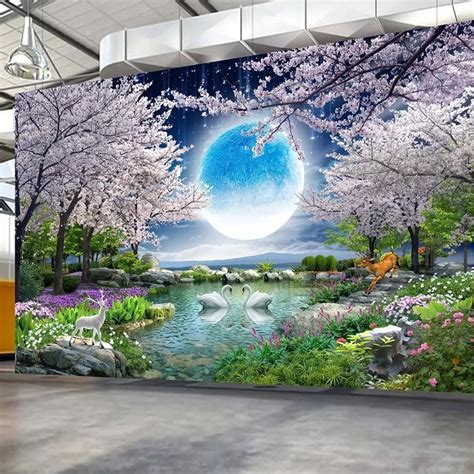 Custom Mural Wall Paper Moon Cherry Blossom Tree Nature
