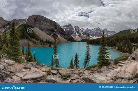 Panoramic View Of Moraine Lake In Banff National Park Stock Image