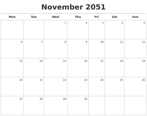 November 2051 Calendar Maker