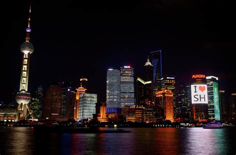 I Love Shanghai Lights Of Pudong High Rise Towers At Night With