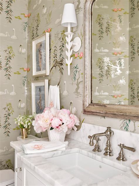 Whimsical Powder Room With Wallpaper Pink Accents White Plaster