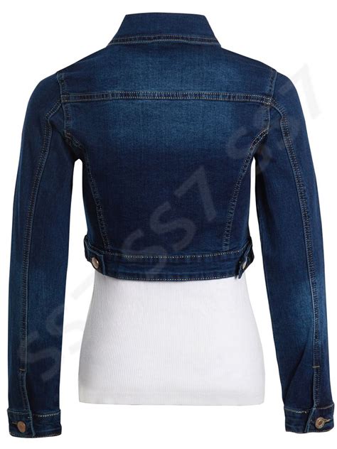 Womens Indigo Denim Jacket Ladies Blue Jean Cropped Jackets Size 6 8 10 12 14 Ebay