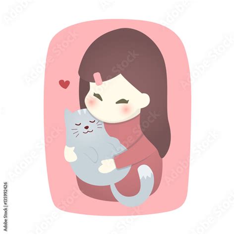 Cute Girl Hugging Cat With Love Vector Cartoon Illustration Stock