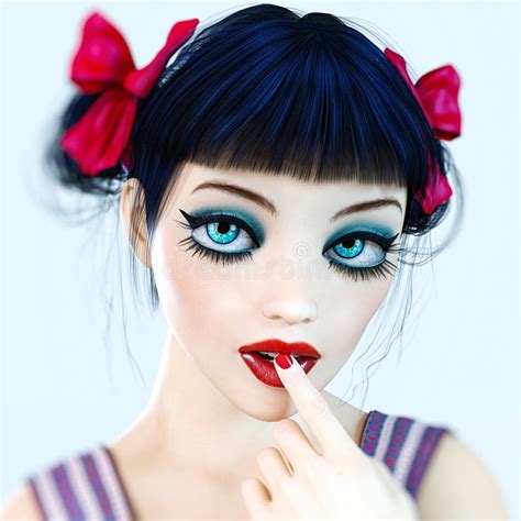 3D Girl Doll Big Blue Eyes And Bright Makeup Stock Illustration