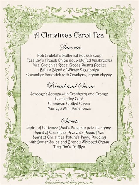 Here are some ideas for a 12 course meal of christmas dinner party. Be Book Bound: A Christmas Carol Tea Party