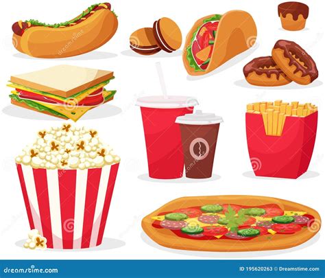 Set Of Cartoon Fast Food Icons On White Background Stock Image Image