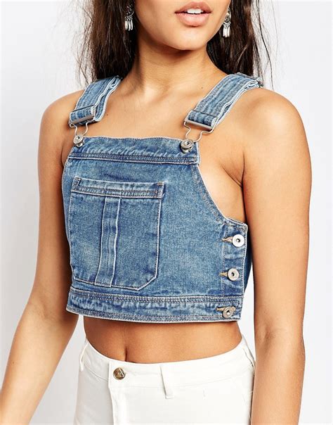 Missguided Cropped Denim Dungaree Top In Stonewash Blue Lyst