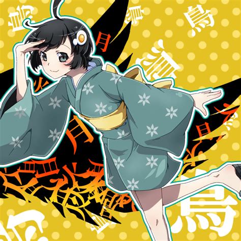 Safebooru 1girl Ahoge Araragi Tsukihi Arm Up Bangs Black Hair Blush