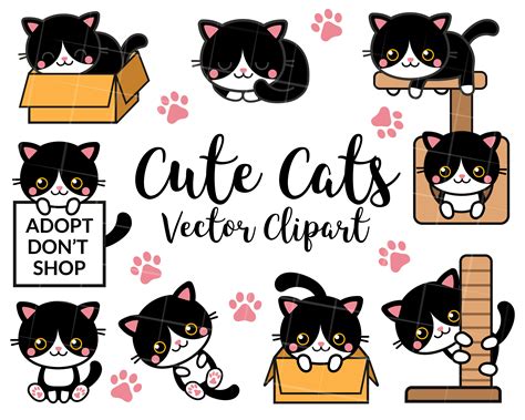 Vector Clipart Kawaii Cats Cute Cats Clipart Set High Quality Vectors