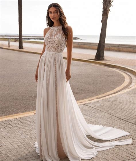 A Line Wedding Dress Halter Bohemian Wedding Dress Backless Online