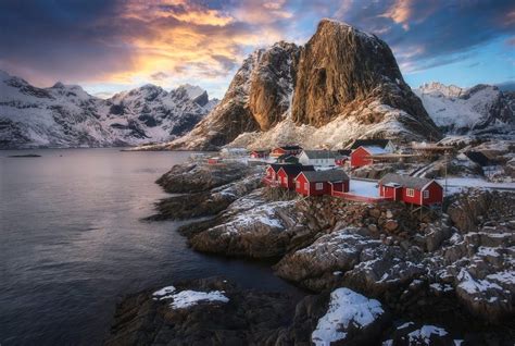 Evening View Of Famous Tourist Attraction Hamnoy Fishing Village On