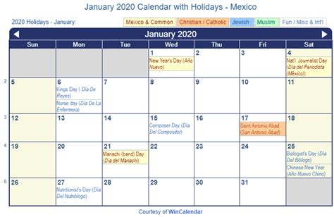 Print Friendly January 2020 Mexico Calendar For Printing
